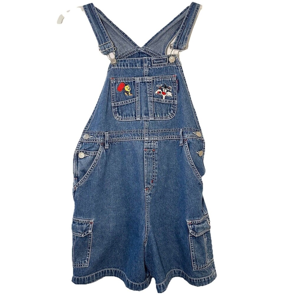 Vintage Looney Tunes Tweety Sylvester Denim Shortalls Kids XL 14/16